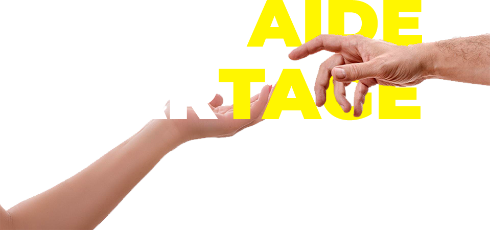 Deux bras essayant de s'attraper avec slogan Entraide & Partage